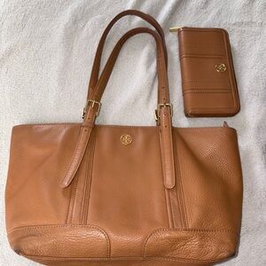 Tory Burch Tan Leather Tote Bag and Wallet Set